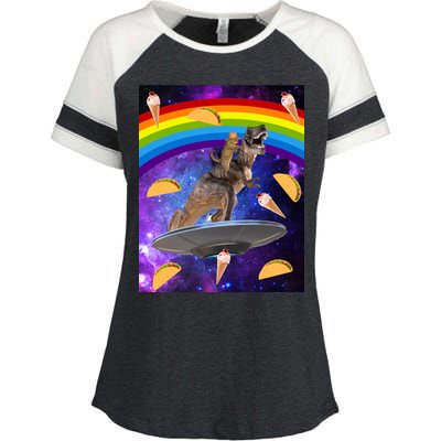 Taco Kitty Riding T-Rex Rainbow Space Cat Enza Ladies Jersey Colorblock Tee