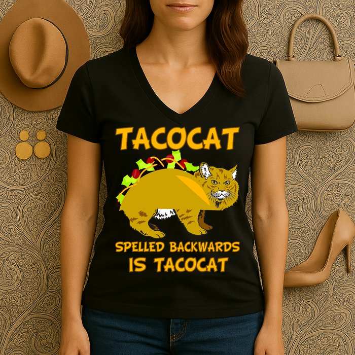 Tacocat Spelled Backwards Funny Cat Women's V-Neck T-Shirt