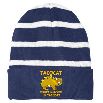 Tacocat Spelled Backwards Funny Cat Striped Beanie with Solid Band