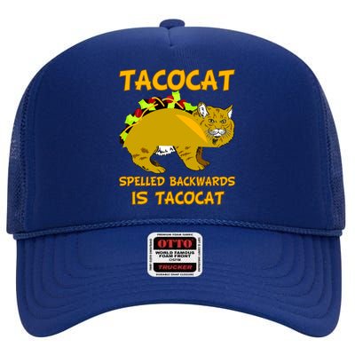 Tacocat Spelled Backwards Funny Cat High Crown Mesh Back Trucker Hat