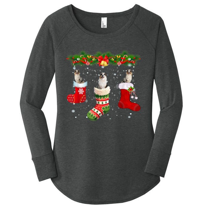 Three Aussie Dog In Sock Christmas Santa Hat Xmas Women's Perfect Tri Tunic Long Sleeve Shirt