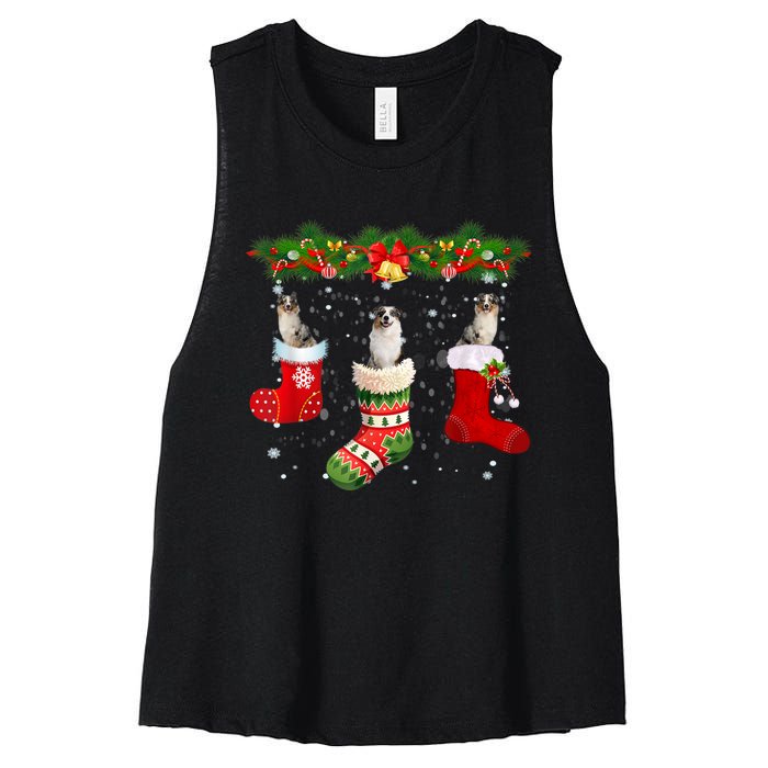 Three Aussie Dog In Sock Christmas Santa Hat Xmas Women's Racerback Cropped Tank