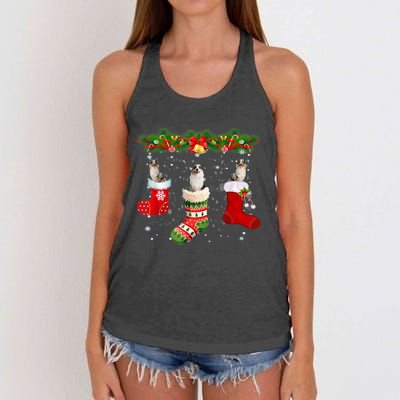 Three Aussie Dog In Sock Christmas Santa Hat Xmas Women's Knotted Racerback Tank