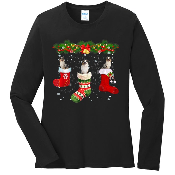 Three Aussie Dog In Sock Christmas Santa Hat Xmas Ladies Long Sleeve Shirt