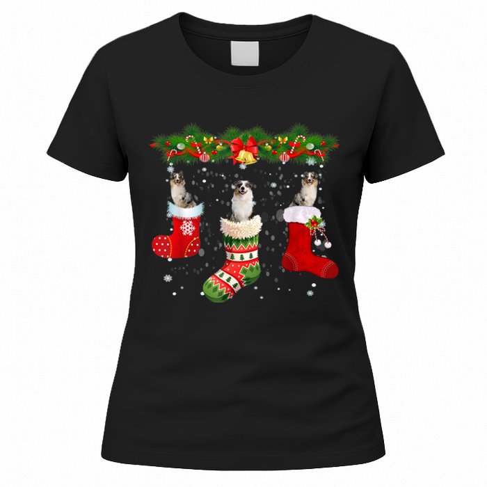 Three Aussie Dog In Sock Christmas Santa Hat Xmas Women's T-Shirt