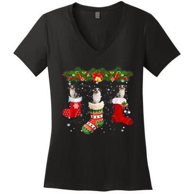 Three Aussie Dog In Sock Christmas Santa Hat Xmas Women's V-Neck T-Shirt