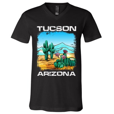 Tucson Arizona Desert Retro Cactus V-Neck T-Shirt