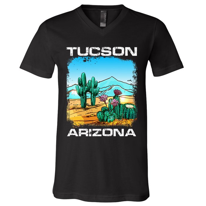 Tucson Arizona Desert Retro Cactus V-Neck T-Shirt