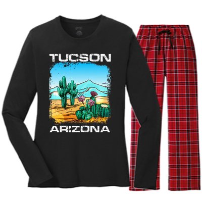 Tucson Arizona Desert Retro Cactus Women's Long Sleeve Flannel Pajama Set 