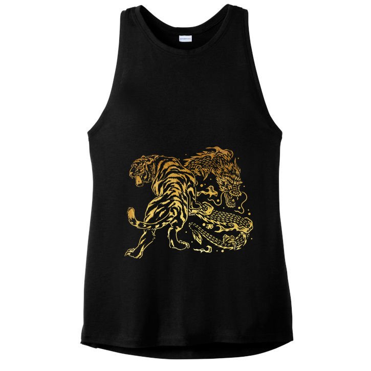 Tiger And Dragon Yin Yang Tattoo Style Gold Print Ladies PosiCharge Tri-Blend Wicking Tank