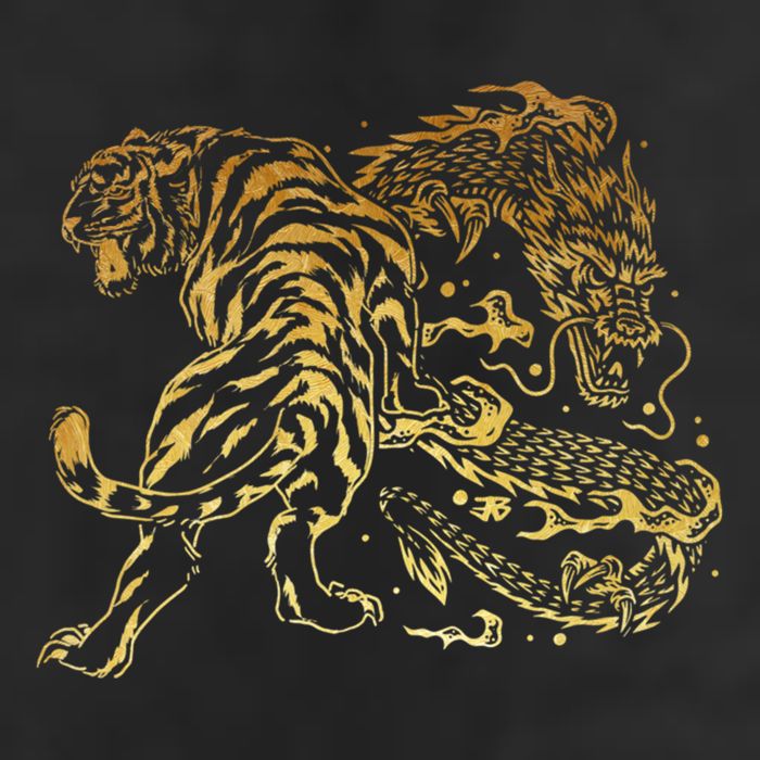 Tiger And Dragon Yin Yang Tattoo Style Gold Print 7 Panel Mesh Trucker Snapback Hat