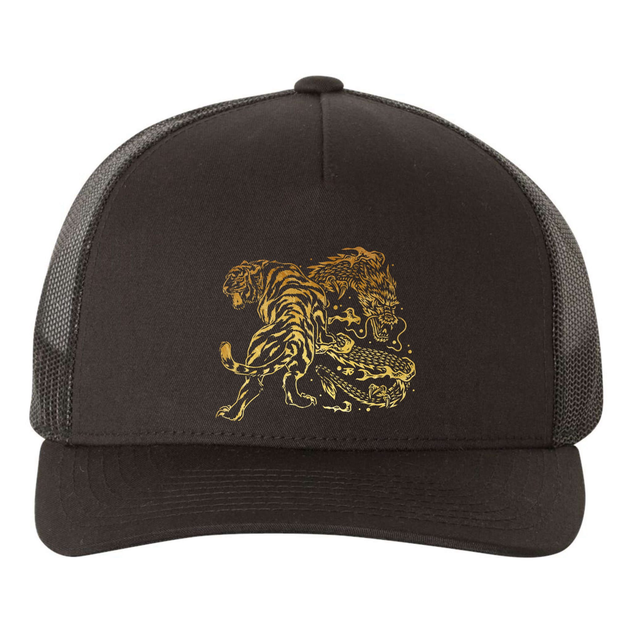 Tiger And Dragon Yin Yang Tattoo Style Gold Print Yupoong Adult 5-Panel Trucker Hat