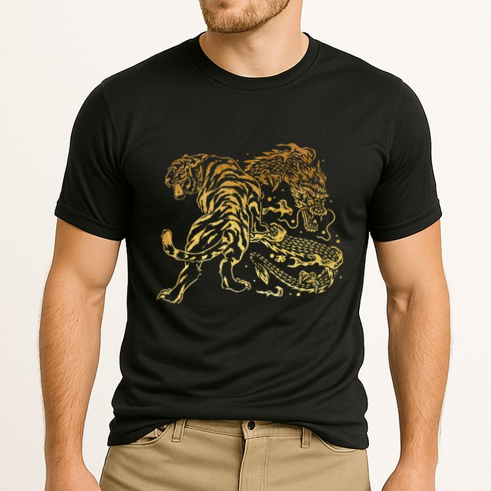 Tiger And Dragon Yin Yang Tattoo Style Gold Print Cooling Performance Crew T-Shirt