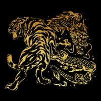 Tiger And Dragon Yin Yang Tattoo Style Gold Print Cooling Performance Crew T-Shirt