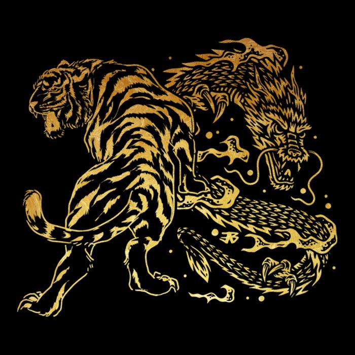 Tiger And Dragon Yin Yang Tattoo Style Gold Print Cooling Performance Crew T-Shirt