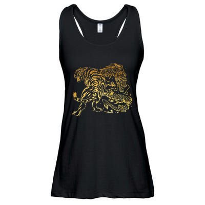 Tiger And Dragon Yin Yang Tattoo Style Gold Print Ladies Essential Flowy Tank