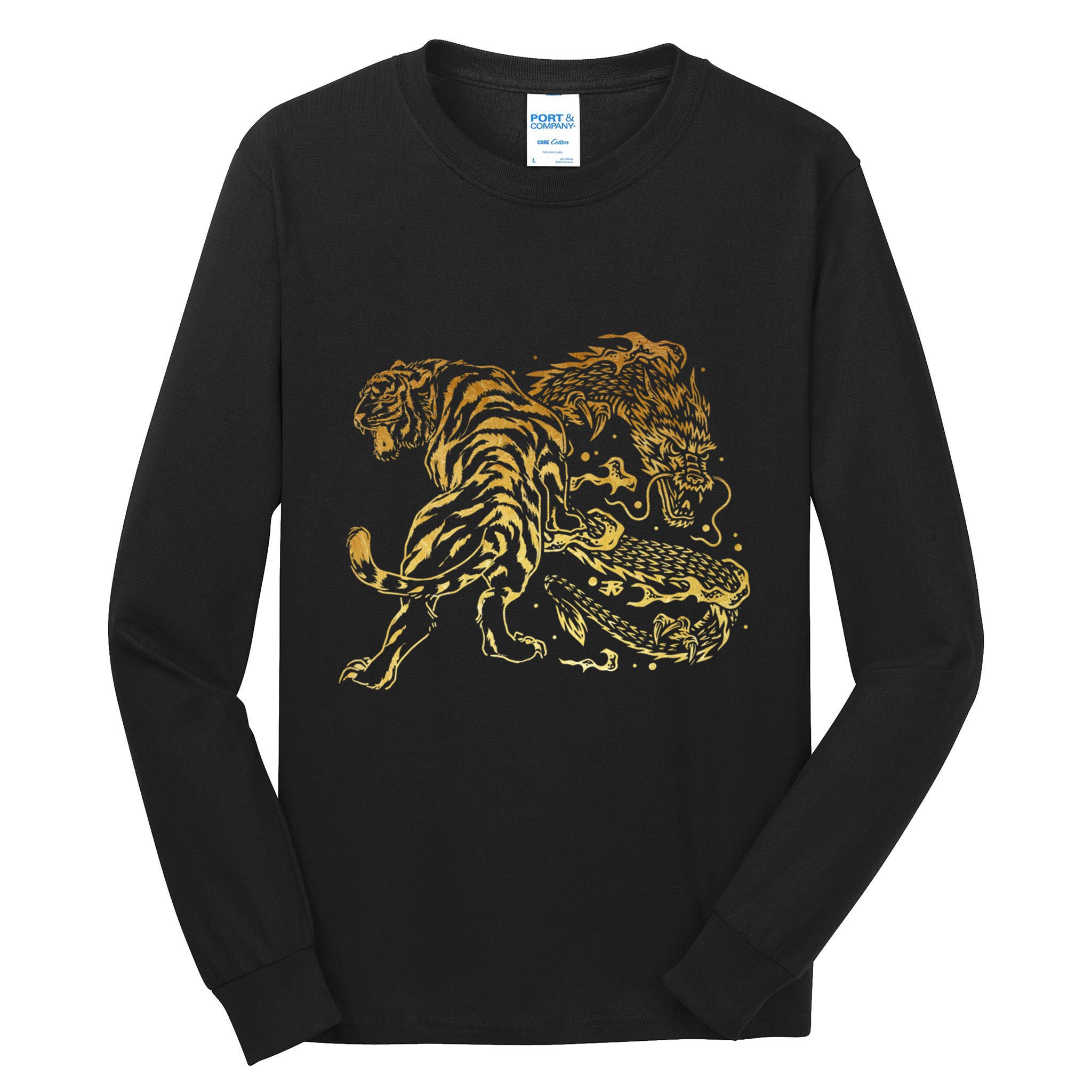 Tiger And Dragon Yin Yang Tattoo Style Gold Print Tall Long Sleeve T-Shirt