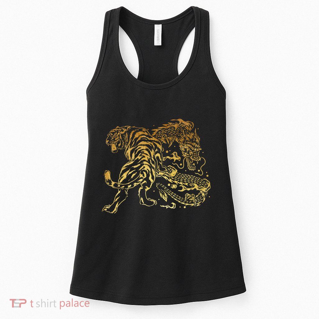 Tiger And Dragon Yin Yang Tattoo Style Gold Print Womens Tank Top