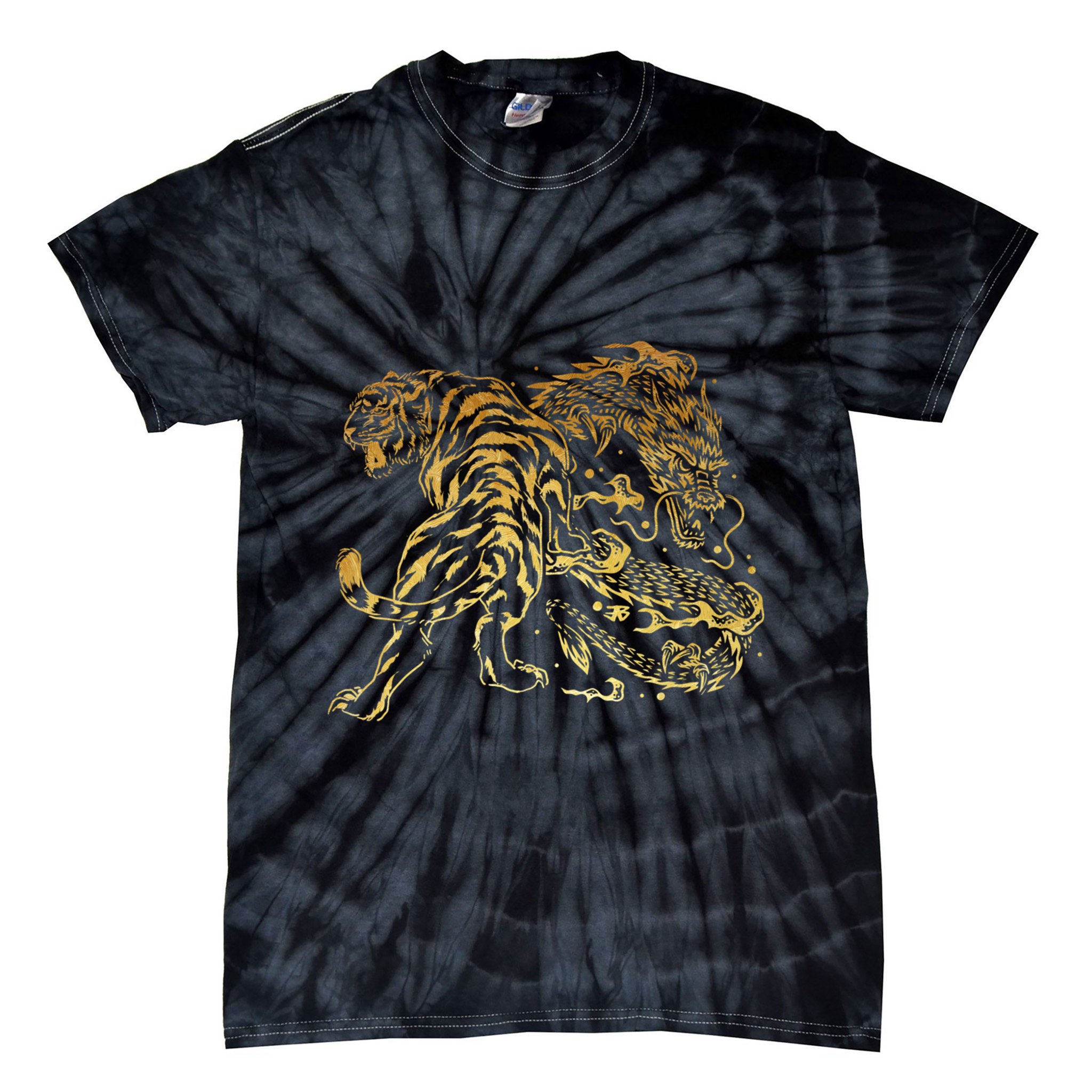 Tiger And Dragon Yin Yang Tattoo Style Gold Print Tie-Dye T-Shirt