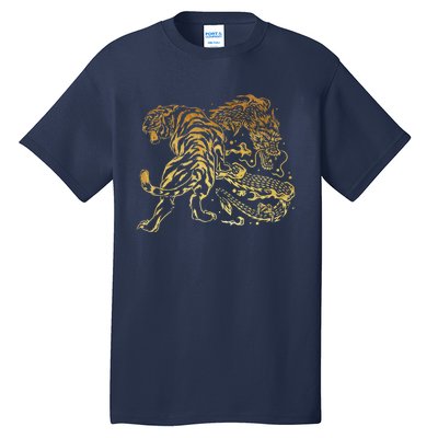 Tiger And Dragon Yin Yang Tattoo Style Gold Print Tall T-Shirt