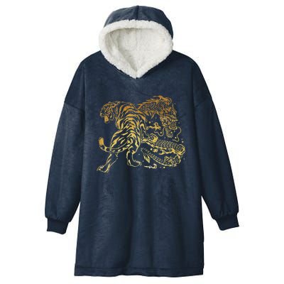 Tiger And Dragon Yin Yang Tattoo Style Gold Print Hooded Wearable Blanket