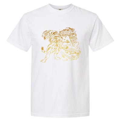 Tiger And Dragon Yin Yang Tattoo Style Gold Print Garment-Dyed Heavyweight T-Shirt