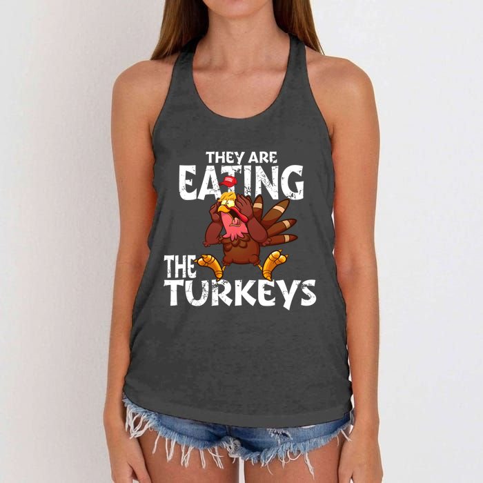 They Are Eating The Turkeys Thanksgiving Humor Women's Knotted Racerback Tank