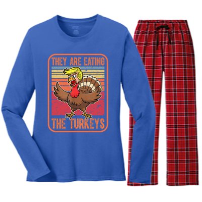 They Are Eating The Turkeys Tnaksgiving Funny Trump Kamala Gift Women's Long Sleeve Flannel Pajama Set 