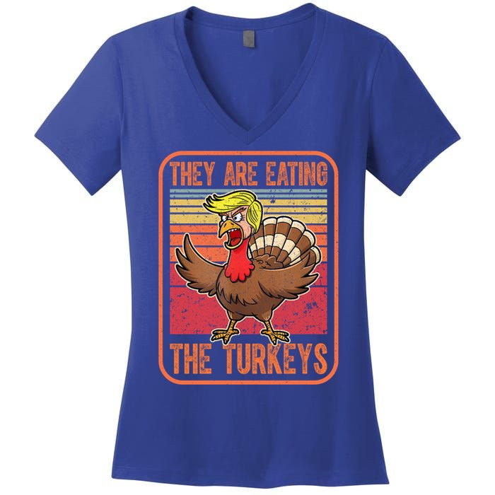 They Are Eating The Turkeys Tnaksgiving Funny Trump Kamala Gift Women's V-Neck T-Shirt