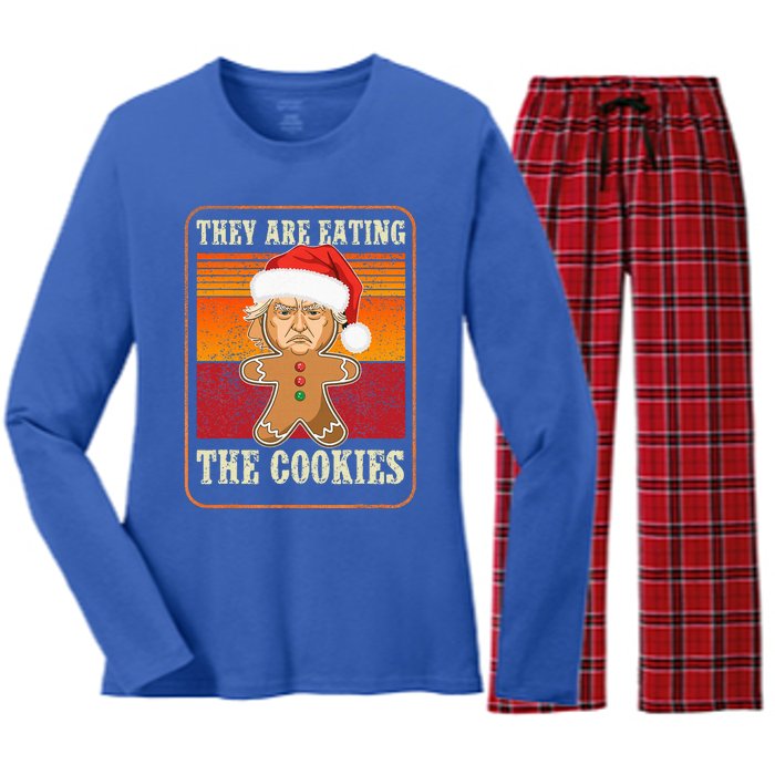 They Are Eating The Cookies Christmas Trump Humor Kamala Women's Long Sleeve Flannel Pajama Set 