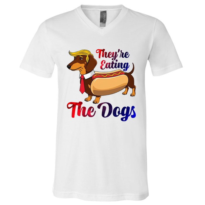 They Are Eating The Dogs Meme Dachshund Donald Trump Debate V-Neck T-Shirt