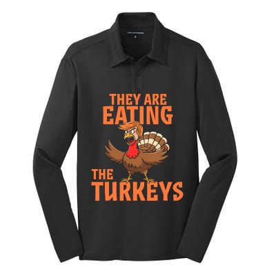 They Are Eating Turkey Funny Donald Trump Thanksgiving Silk Touch Performance Long Sleeve Polo