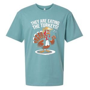 They Are Eating The Turkeys Funny Thanksgiving Turkey Trump Sueded Cloud Jersey T-Shirt