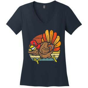 Turkey American Football Retro Thanksgiving Sports Women's V-Neck T-Shirt