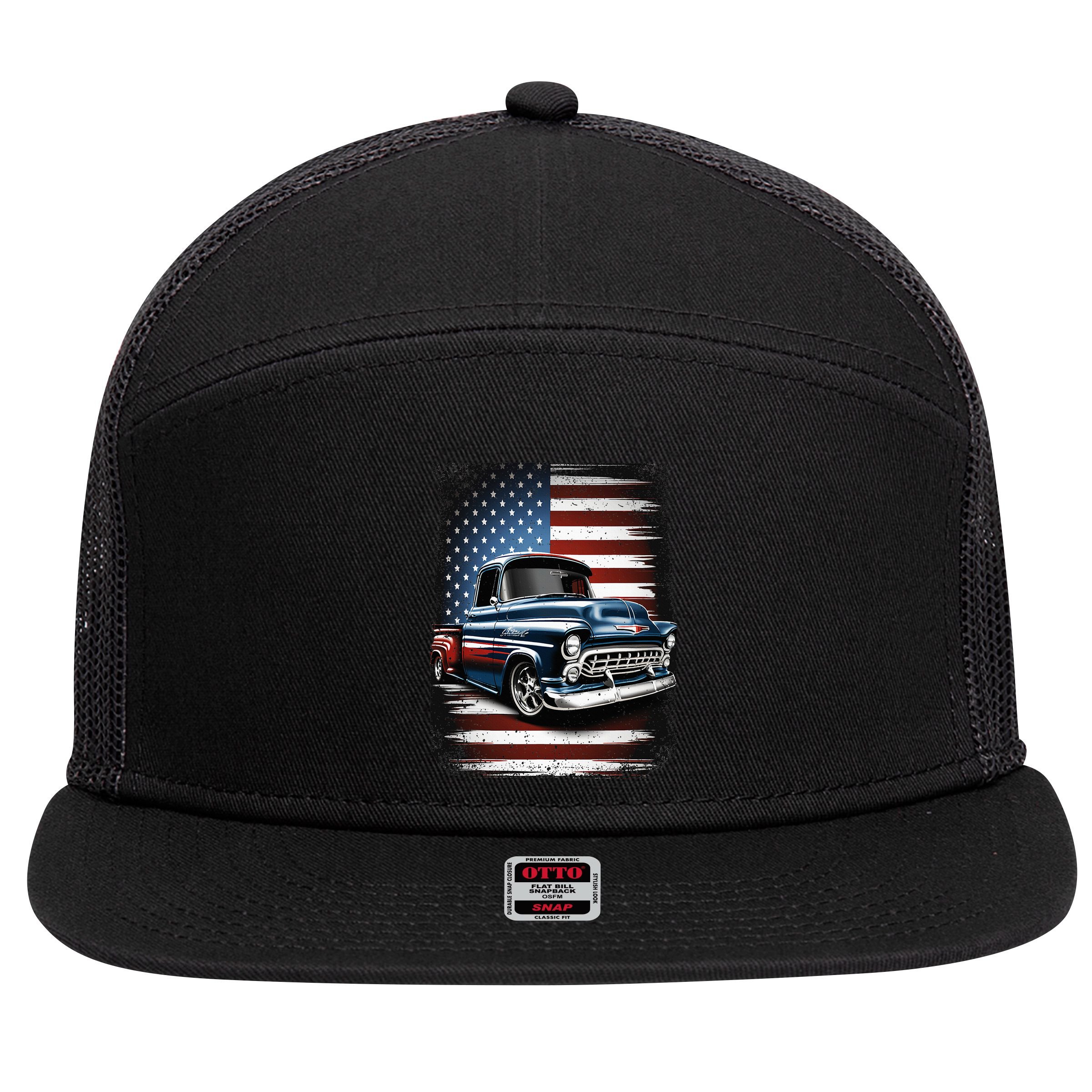 Truck American Flag 4th Of July Patriotic 7 Panel Mesh Trucker Snapback Hat