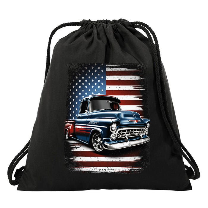 Truck American Flag 4th Of July Patriotic Drawstring Bag