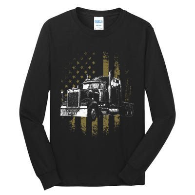 Trucker American Flag Big Rig Semi Trailer Truck Driver Gift Tall Long Sleeve T-Shirt