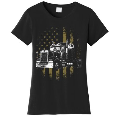 Trucker American Flag Big Rig Semi Trailer Truck Driver Gift Women's T-Shirt