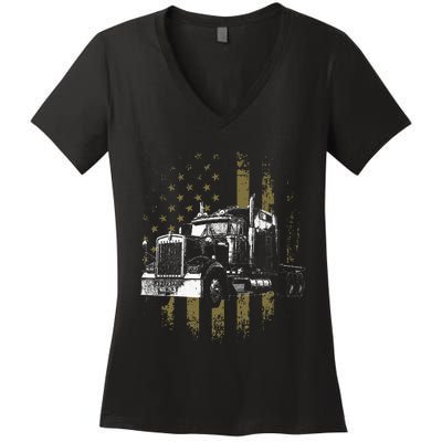 Trucker American Flag Big Rig Semi Trailer Truck Driver Gift Women's V-Neck T-Shirt