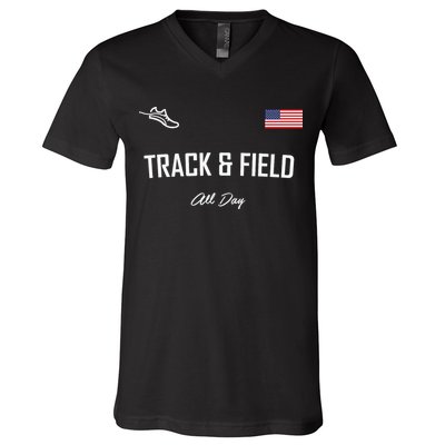 Track And Field Gifts Track Field All Day Usa Flag V-Neck T-Shirt