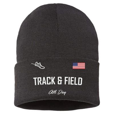 Track And Field Gifts Track Field All Day Usa Flag Sustainable Knit Beanie