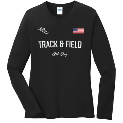 Track And Field Gifts Track Field All Day Usa Flag Ladies Long Sleeve Shirt