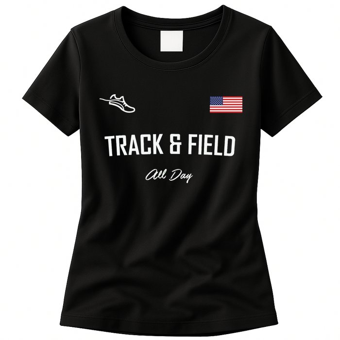 Track And Field Gifts Track Field All Day Usa Flag Womens T-Shirt