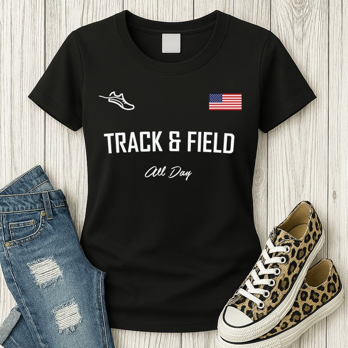 Track And Field Gifts Track Field All Day Usa Flag Womens T-Shirt