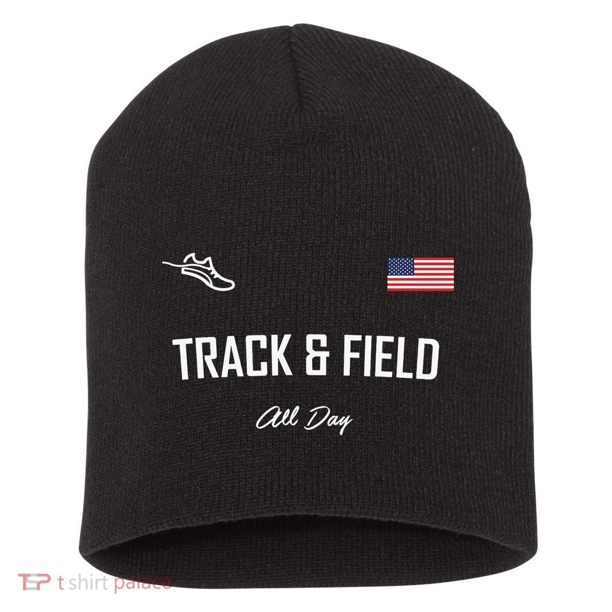 Track And Field Gifts Track Field All Day Usa Flag Short Acrylic Beanie