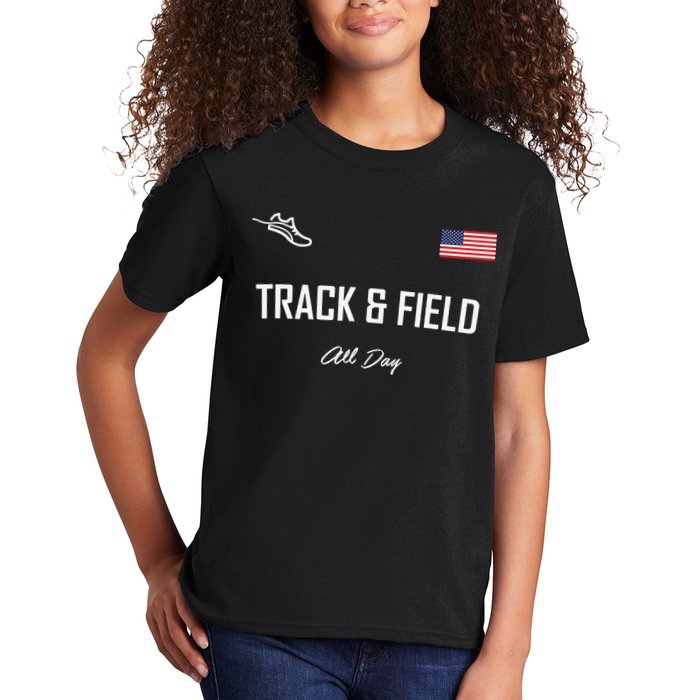 Track And Field Gifts Track Field All Day Usa Flag Kids T-Shirt