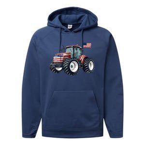 Tractor American Flag Farming 4th Of July Patriotic Farmer Performance Fleece Hoodie