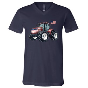 Tractor American Flag Farming 4th Of July Patriotic Farmer V-Neck T-Shirt