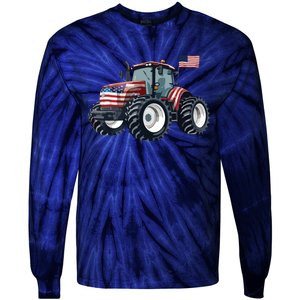 Tractor American Flag Farming 4th Of July Patriotic Farmer Tie-Dye Long Sleeve Shirt