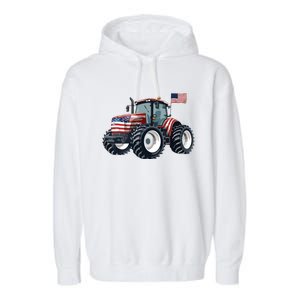 Tractor American Flag Farming 4th Of July Patriotic Farmer Garment-Dyed Fleece Hoodie